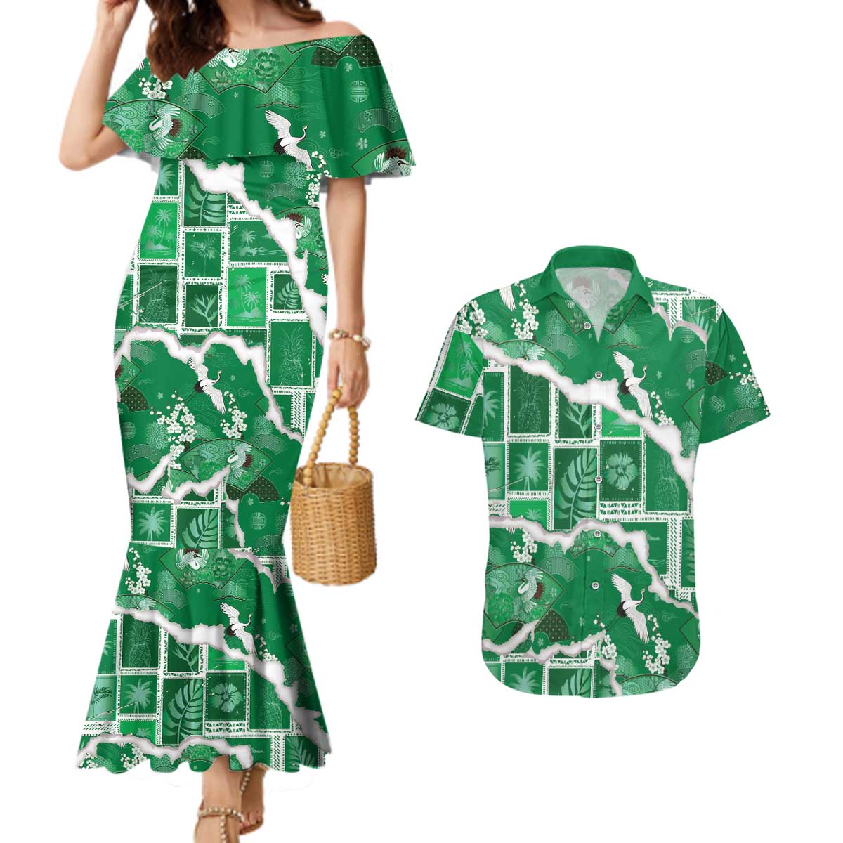 Hawaii Japanese Culture Green Couples Matching Mermaid Dress and Hawaiian Shirt Spring Cranes Aloha Pattern LT01 Green - Polynesian Pride