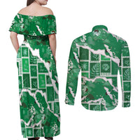 Hawaii Japanese Culture Green Couples Matching Off Shoulder Maxi Dress and Long Sleeve Button Shirt Spring Cranes Aloha Pattern