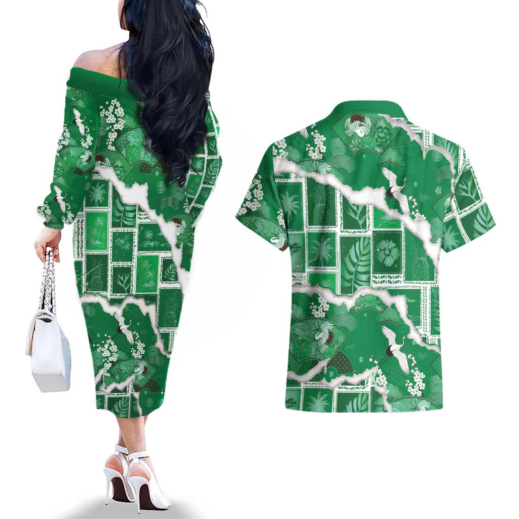 Hawaii Japanese Culture Green Couples Matching Off The Shoulder Long Sleeve Dress and Hawaiian Shirt Spring Cranes Aloha Pattern LT01 - Polynesian Pride