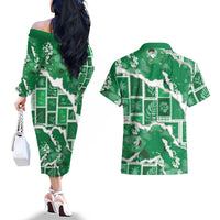 Hawaii Japanese Culture Green Couples Matching Off The Shoulder Long Sleeve Dress and Hawaiian Shirt Spring Cranes Aloha Pattern LT01 - Polynesian Pride