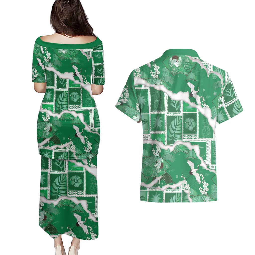 Hawaii Japanese Culture Green Couples Matching Puletasi and Hawaiian Shirt Spring Cranes Aloha Pattern