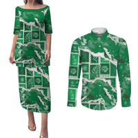 Hawaii Japanese Culture Green Couples Matching Puletasi and Long Sleeve Button Shirt Spring Cranes Aloha Pattern LT01 Green - Polynesian Pride