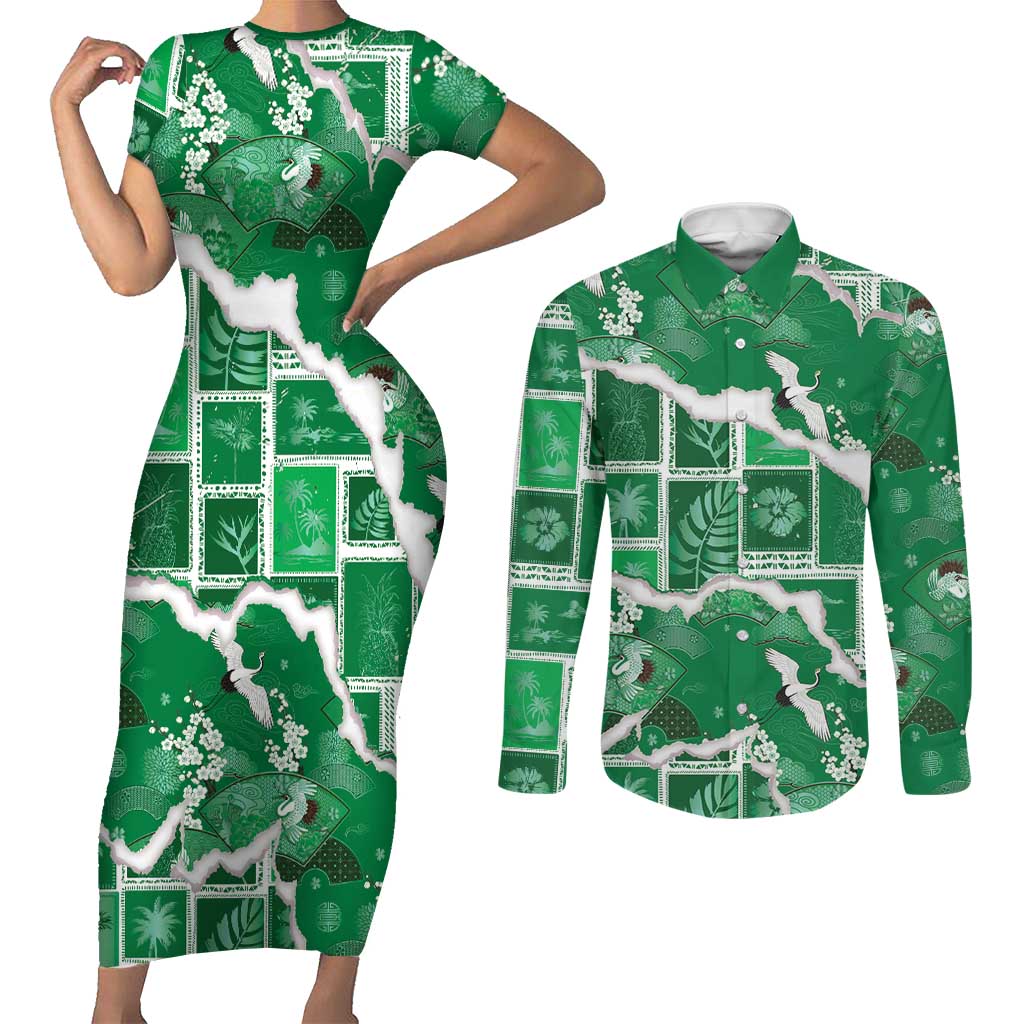 Hawaii Japanese Culture Green Couples Matching Short Sleeve Bodycon Dress and Long Sleeve Button Shirt Spring Cranes Aloha Pattern LT01 Green - Polynesian Pride
