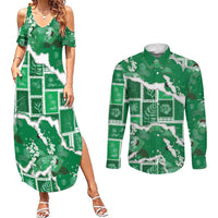 Hawaii Japanese Culture Green Couples Matching Summer Maxi Dress and Long Sleeve Button Shirt Spring Cranes Aloha Pattern