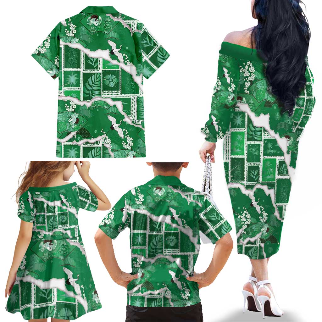 Hawaii Japanese Culture Green Family Matching Off The Shoulder Long Sleeve Dress and Hawaiian Shirt Spring Cranes Aloha Pattern LT01 - Polynesian Pride