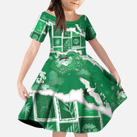 Hawaii Japanese Culture Green Family Matching Off Shoulder Maxi Dress and Hawaiian Shirt Spring Cranes Aloha Pattern LT01 Daughter's Dress Green - Polynesian Pride