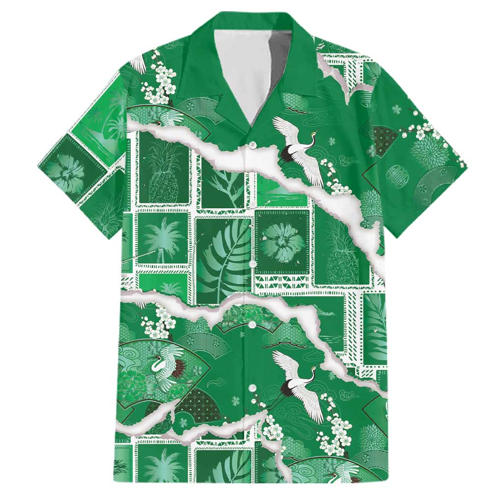 Hawaii Japanese Culture Green Family Matching Off Shoulder Maxi Dress and Hawaiian Shirt Spring Cranes Aloha Pattern LT01 Dad's Shirt - Short Sleeve Green - Polynesian Pride