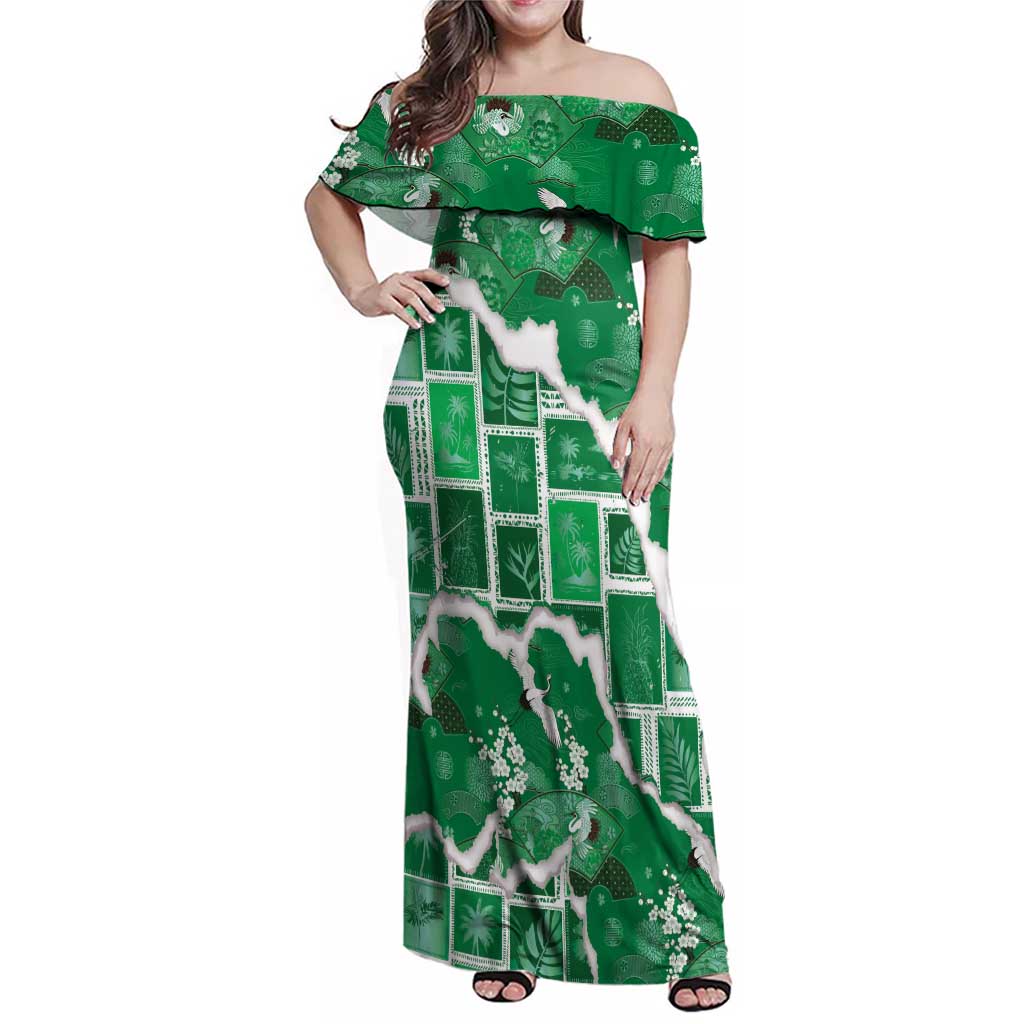 Hawaii Japanese Culture Green Family Matching Off Shoulder Maxi Dress and Hawaiian Shirt Spring Cranes Aloha Pattern LT01 Mom's Dress Green - Polynesian Pride