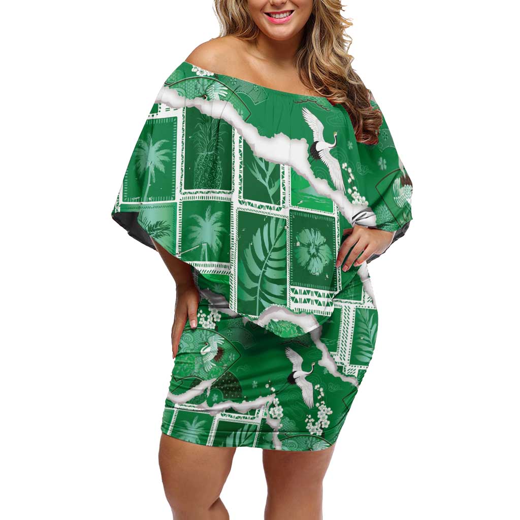 Hawaii Japanese Culture Green Family Matching Off Shoulder Short Dress and Hawaiian Shirt Spring Cranes Aloha Pattern LT01 Mom's Dress Green - Polynesian Pride