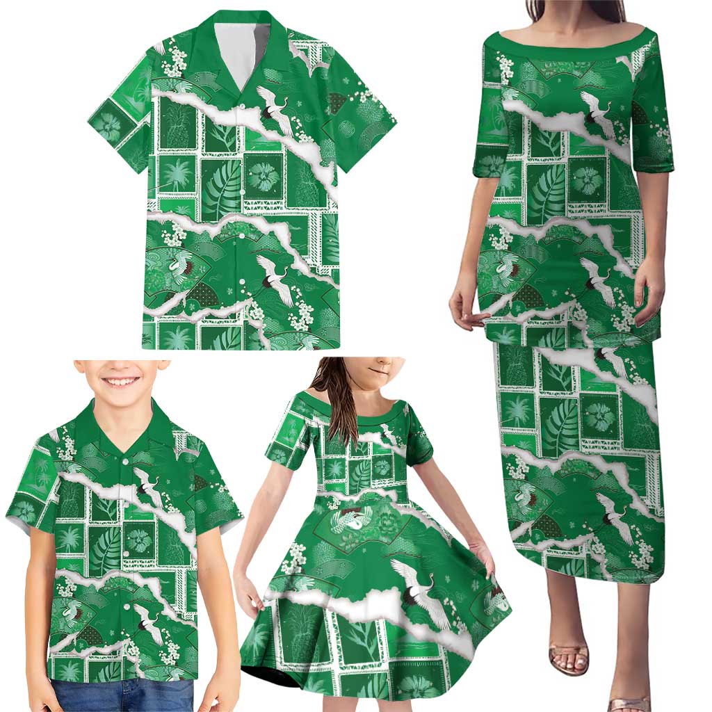 Hawaii Japanese Culture Green Family Matching Puletasi and Hawaiian Shirt Spring Cranes Aloha Pattern LT01 - Polynesian Pride