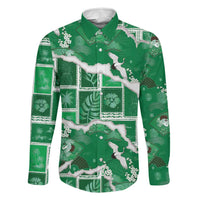 Hawaii Japanese Culture Green Family Matching Puletasi and Hawaiian Shirt Spring Cranes Aloha Pattern LT01 Dad's Shirt - Long Sleeve Green - Polynesian Pride