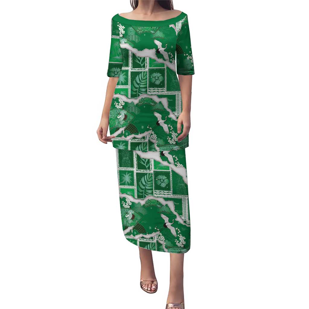 Hawaii Japanese Culture Green Family Matching Puletasi and Hawaiian Shirt Spring Cranes Aloha Pattern LT01 Mom's Dress Green - Polynesian Pride