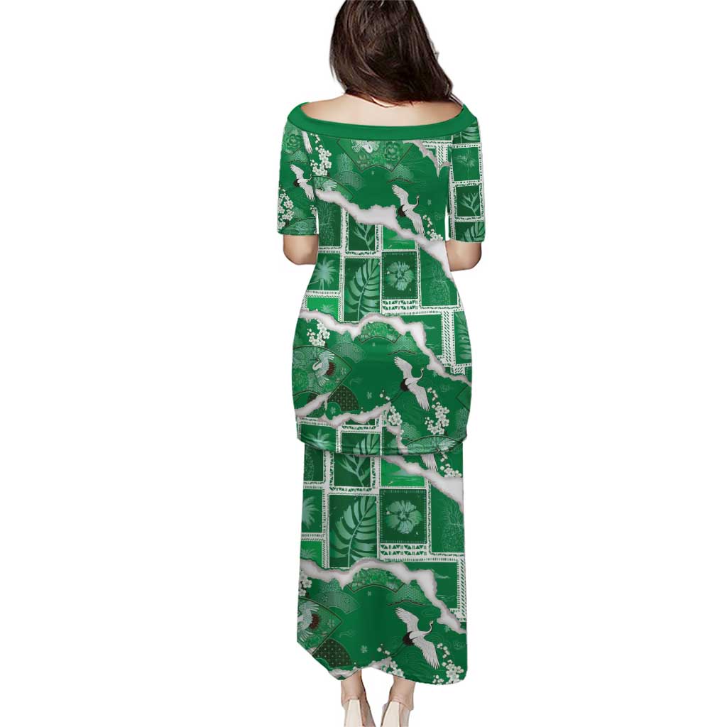 Hawaii Japanese Culture Green Family Matching Puletasi and Hawaiian Shirt Spring Cranes Aloha Pattern LT01 - Polynesian Pride