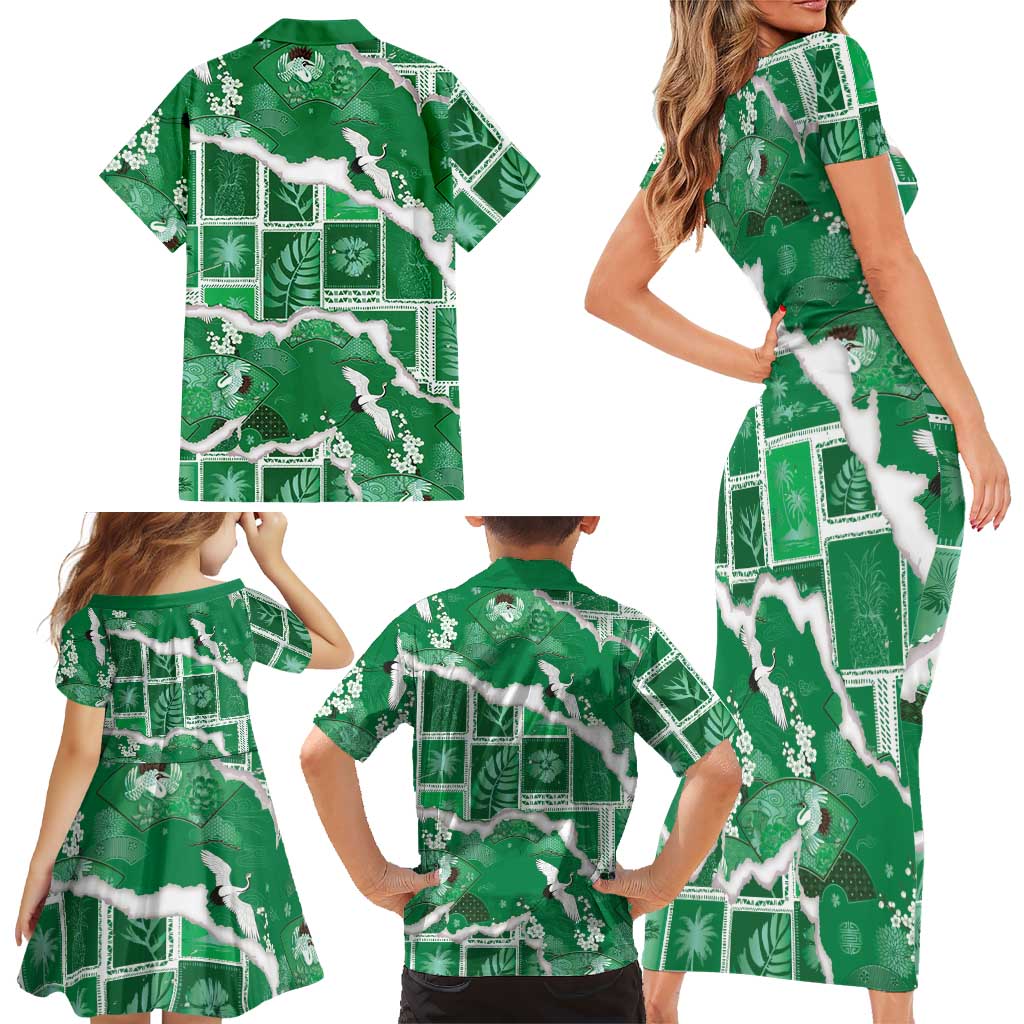 Hawaii Japanese Culture Green Family Matching Short Sleeve Bodycon Dress and Hawaiian Shirt Spring Cranes Aloha Pattern LT01 - Polynesian Pride