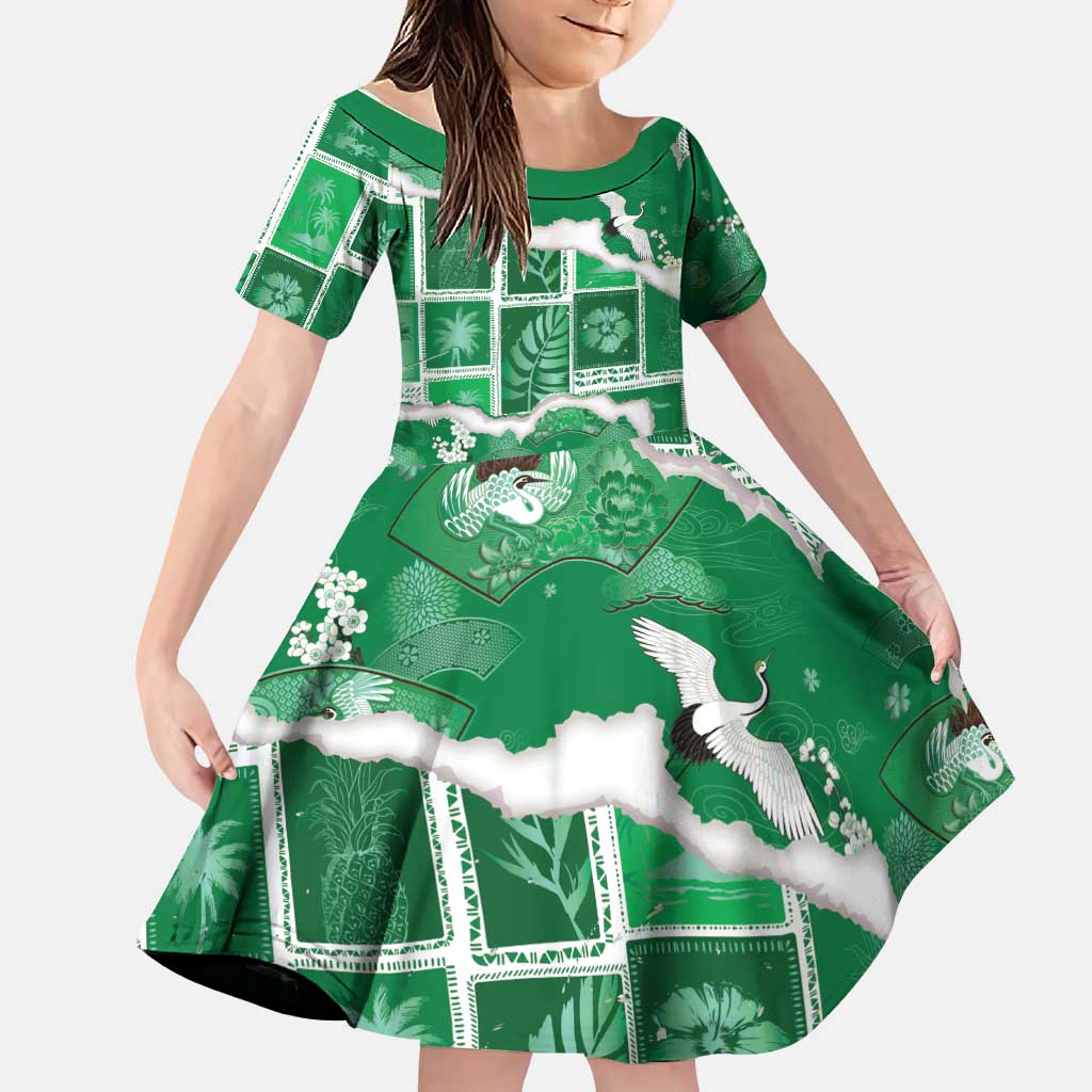 Hawaii Japanese Culture Green Family Matching Summer Maxi Dress and Hawaiian Shirt Spring Cranes Aloha Pattern LT01 Daughter's Dress Green - Polynesian Pride