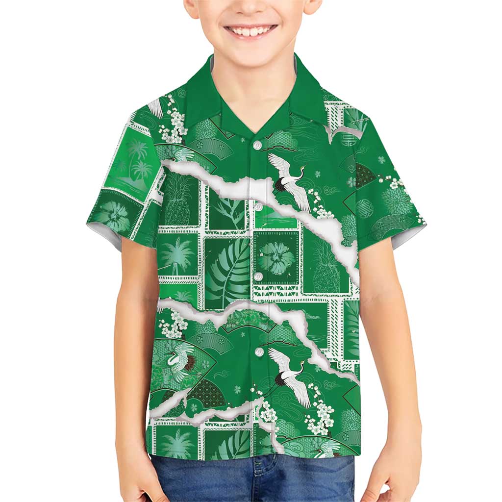 Hawaii Japanese Culture Green Family Matching Summer Maxi Dress and Hawaiian Shirt Spring Cranes Aloha Pattern LT01 Son's Shirt Green - Polynesian Pride