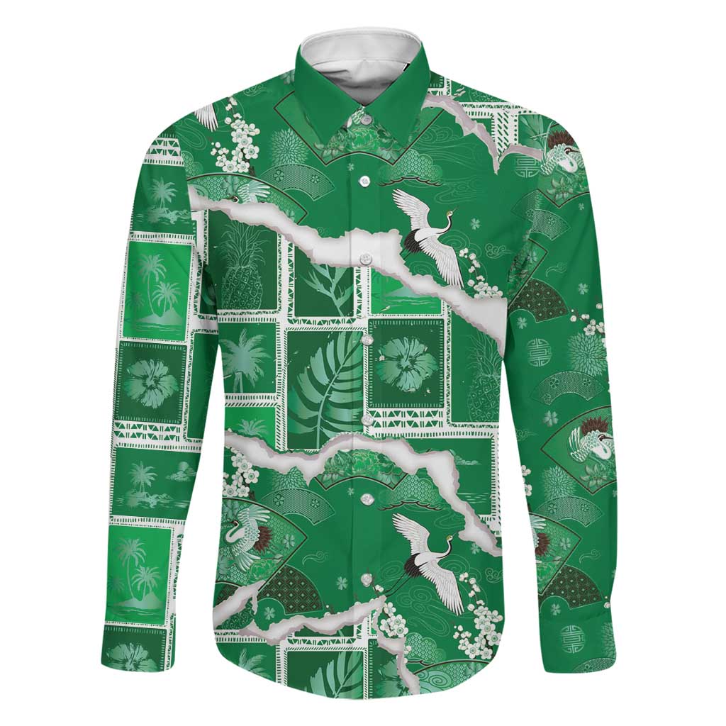 Hawaii Japanese Culture Green Family Matching Tank Maxi Dress and Hawaiian Shirt Spring Cranes Aloha Pattern LT01 Dad's Shirt - Long Sleeve Green - Polynesian Pride
