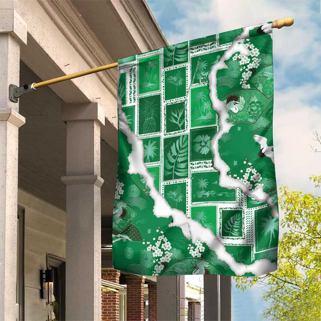 Hawaii Japanese Culture Green Garden Flag Spring Cranes Aloha Pattern LT01 House Flag Green - Polynesian Pride