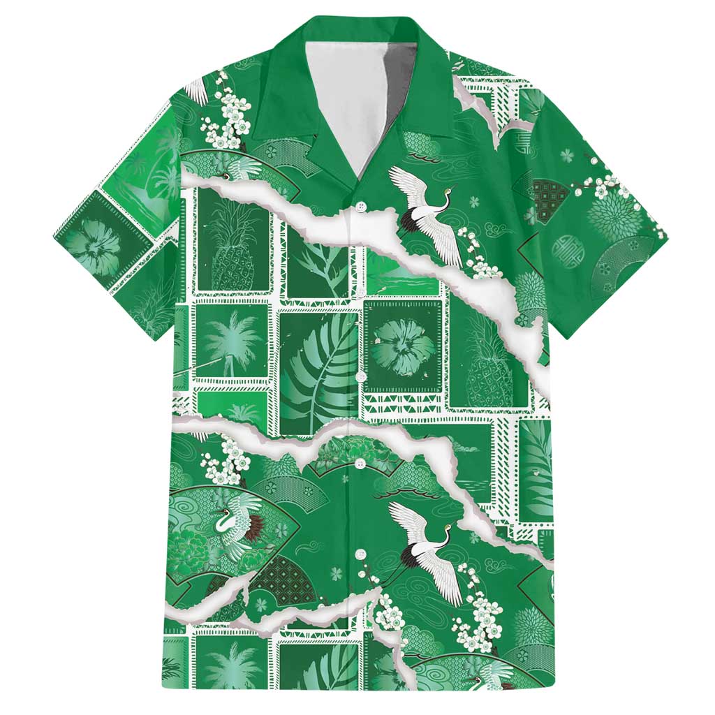 Hawaii Japanese Culture Green Hawaiian Shirt Spring Cranes Aloha Pattern