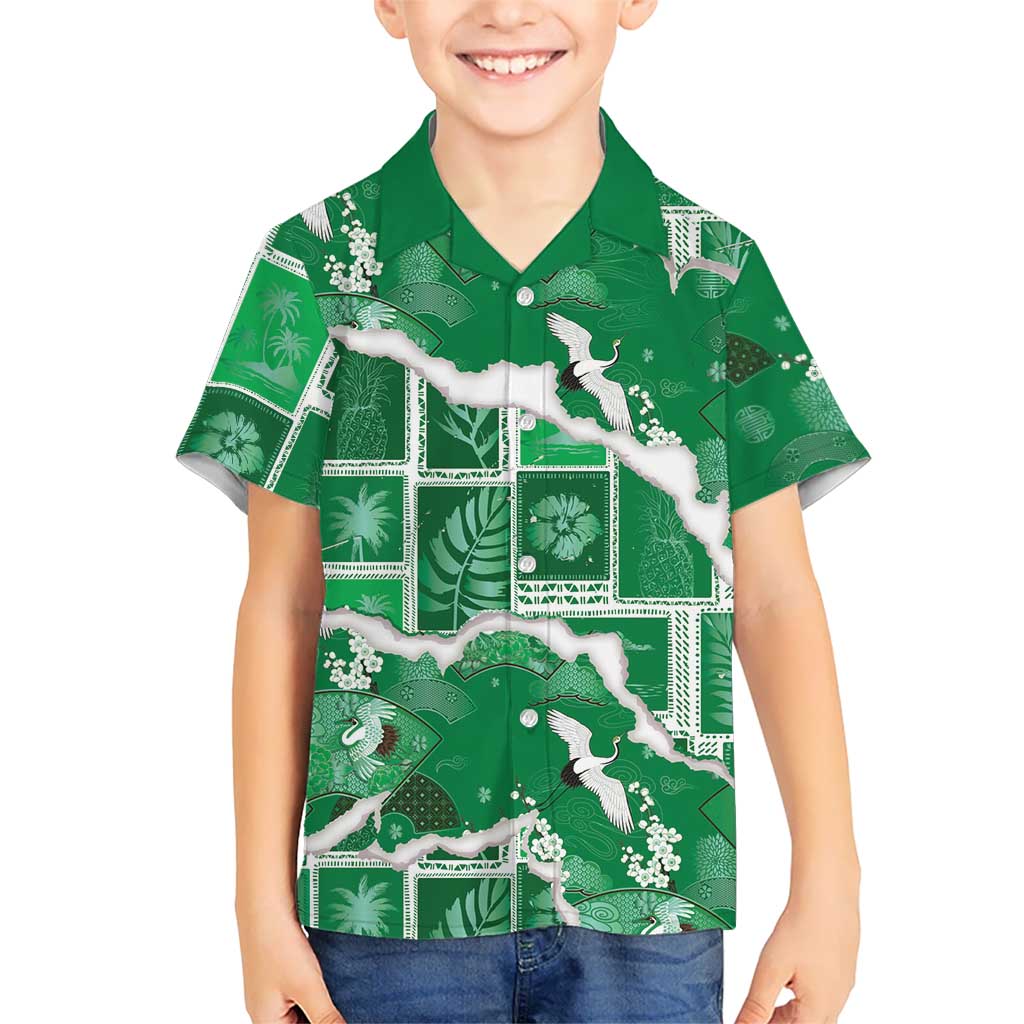 Hawaii Japanese Culture Green Hawaiian Shirt Spring Cranes Aloha Pattern
