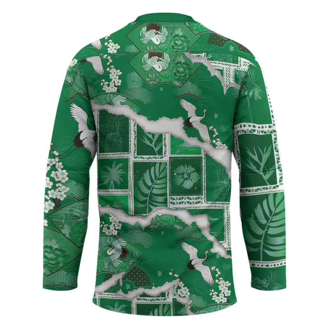 Hawaii Japanese Culture Green Hockey Jersey Spring Cranes Aloha Pattern