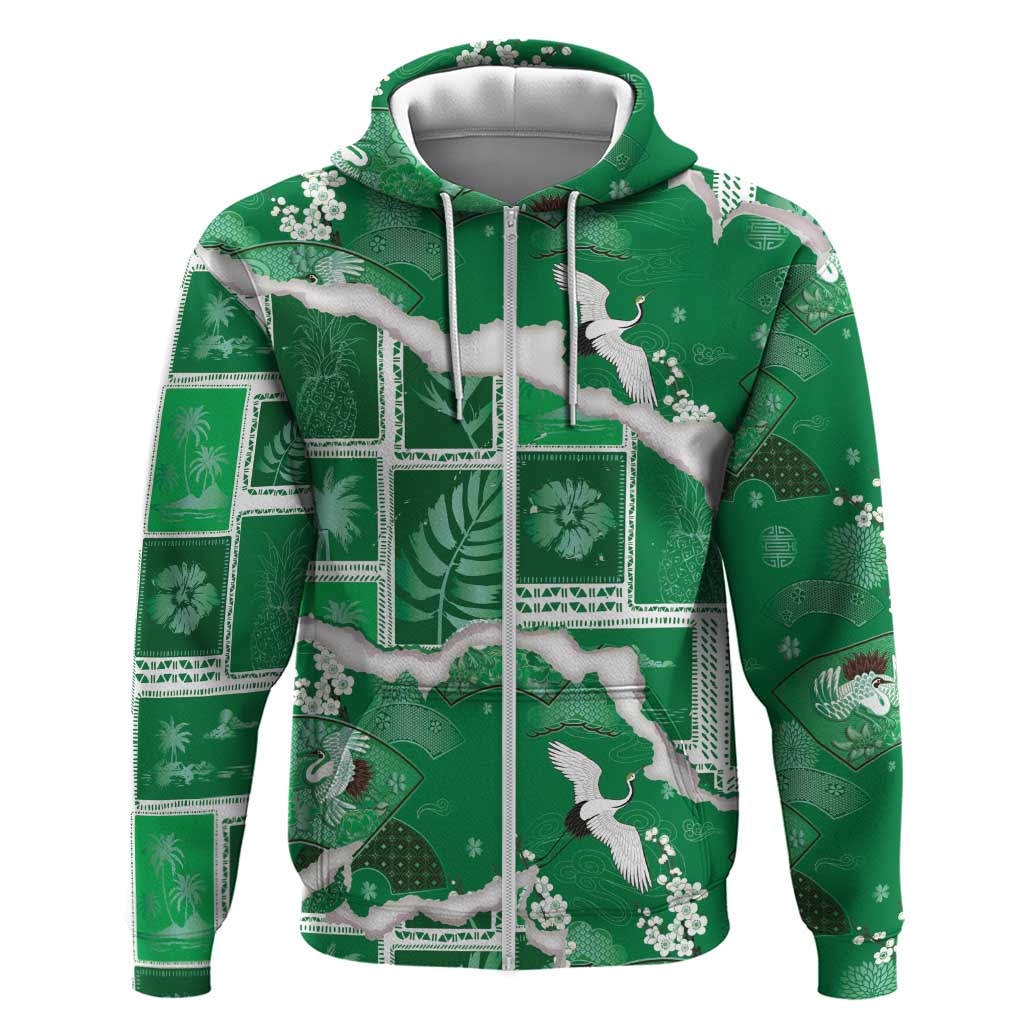Hawaii Japanese Culture Green Hoodie Spring Cranes Aloha Pattern