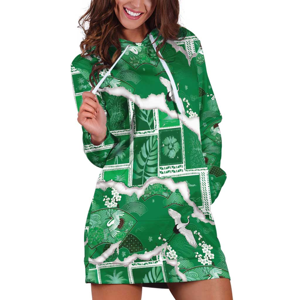 Hawaii Japanese Culture Green Hoodie Dress Spring Cranes Aloha Pattern LT01 Green - Polynesian Pride
