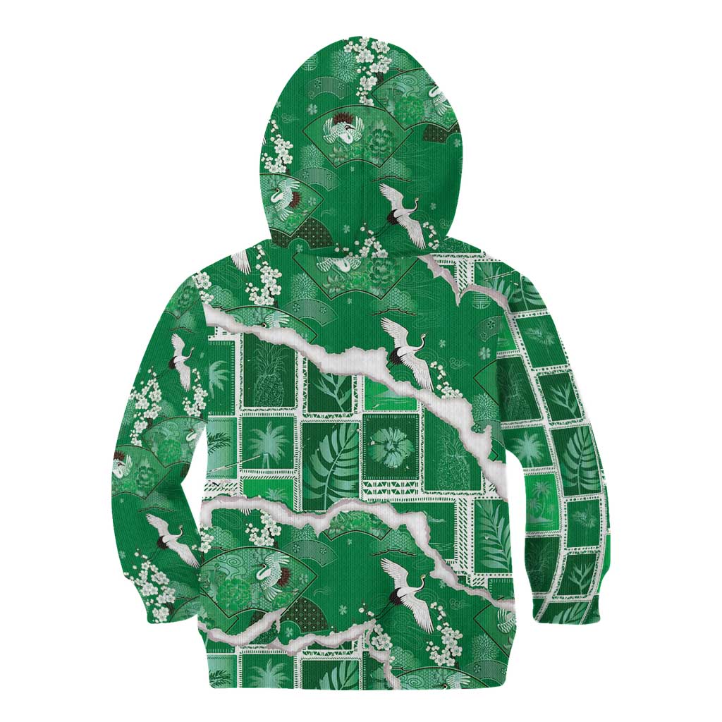 Hawaii Japanese Culture Green Kid Hoodie Spring Cranes Aloha Pattern