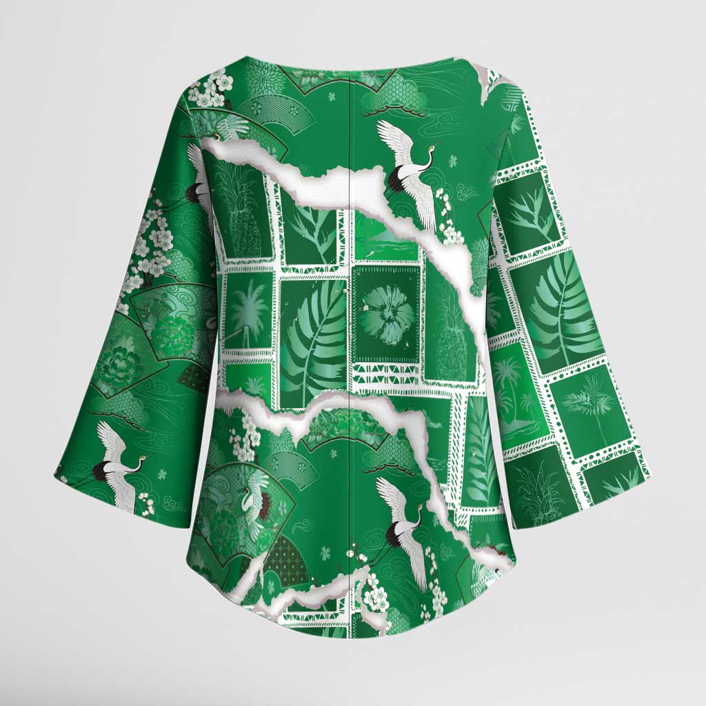 Hawaii Japanese Culture Green Kimono Sleeve Blouse Spring Cranes Aloha Pattern LT01 - Polynesian Pride
