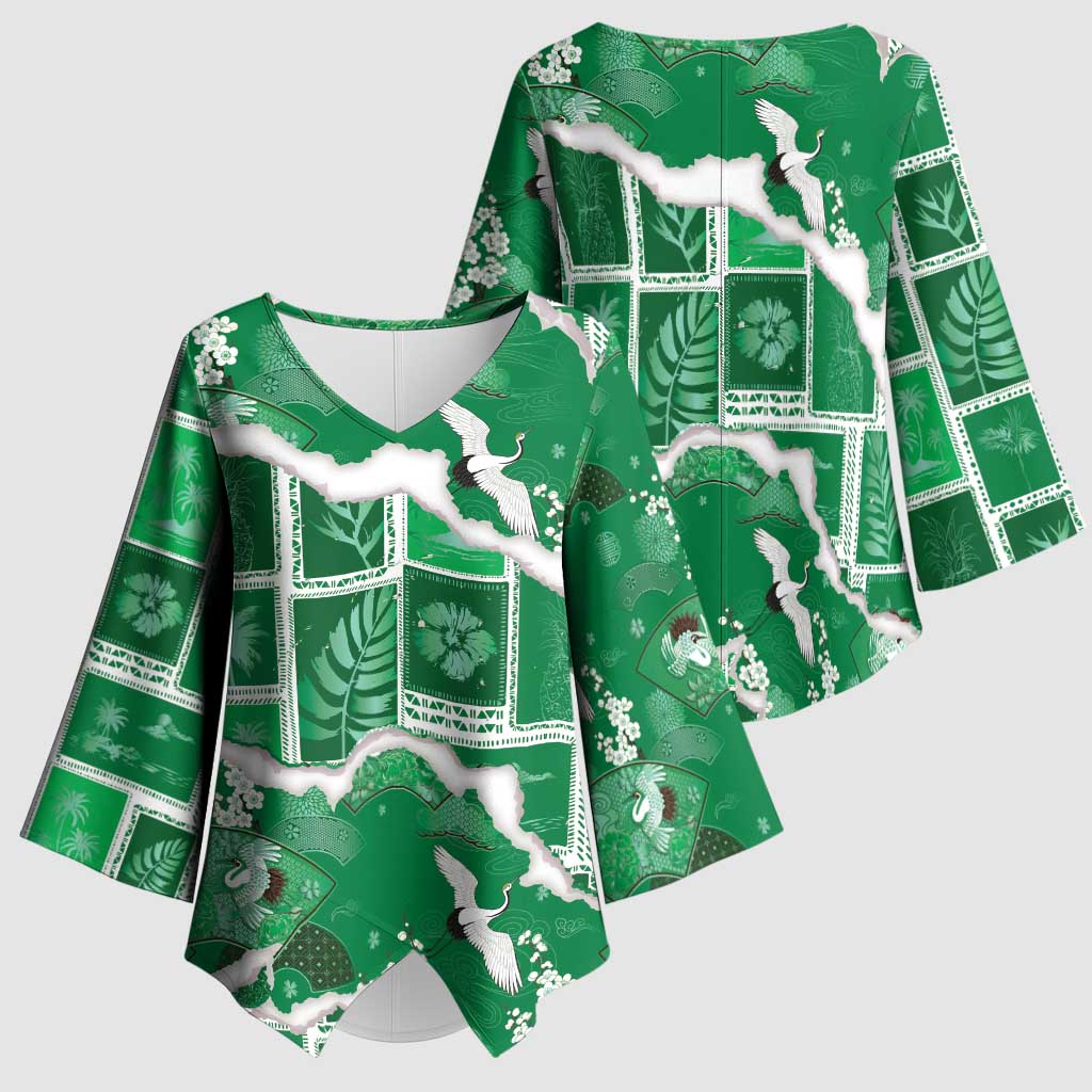Hawaii Japanese Culture Green Kimono Sleeve Blouse Spring Cranes Aloha Pattern LT01 - Polynesian Pride