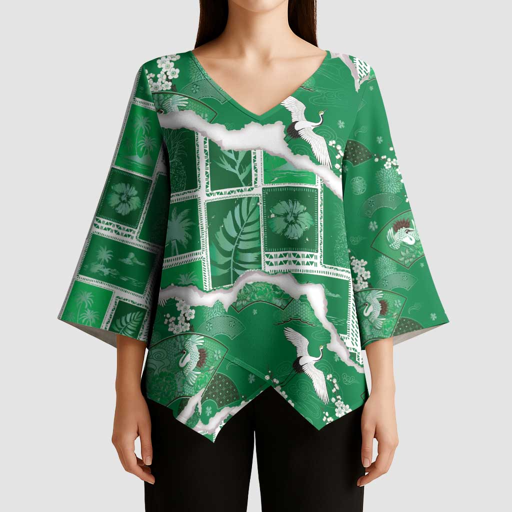 Hawaii Japanese Culture Green Kimono Sleeve Blouse Spring Cranes Aloha Pattern LT01 - Polynesian Pride