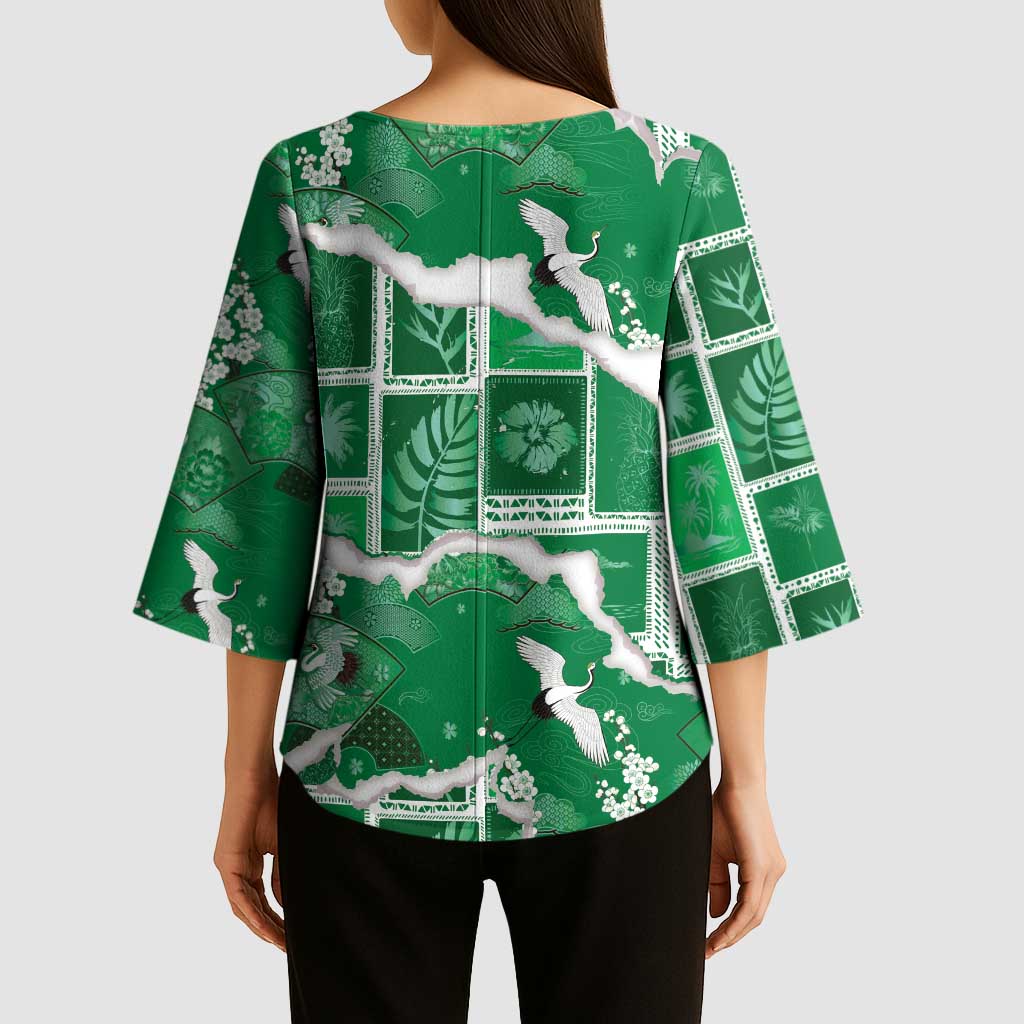 Hawaii Japanese Culture Green Kimono Sleeve Blouse Spring Cranes Aloha Pattern LT01 - Polynesian Pride