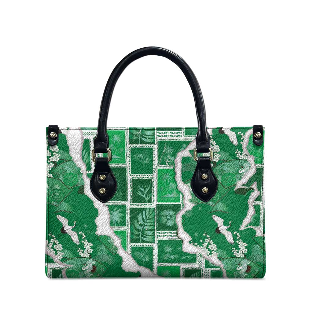 Hawaii Japanese Culture Green Leather Bag Spring Cranes Aloha Pattern