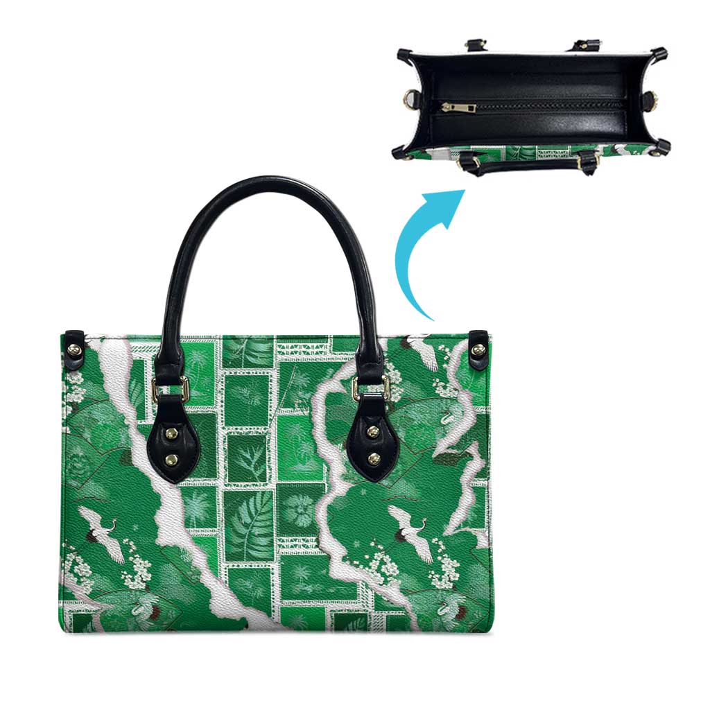 Hawaii Japanese Culture Green Leather Bag Spring Cranes Aloha Pattern