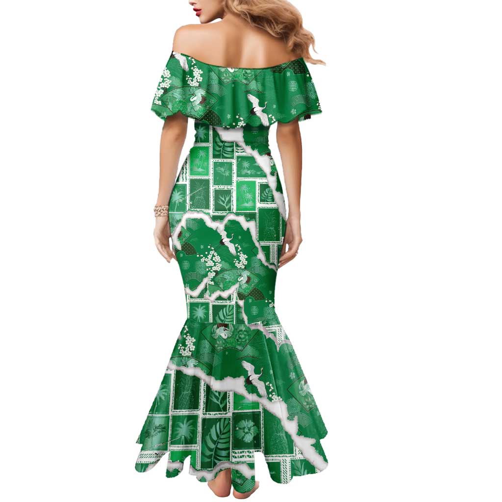 Hawaii Japanese Culture Green Mermaid Dress Spring Cranes Aloha Pattern