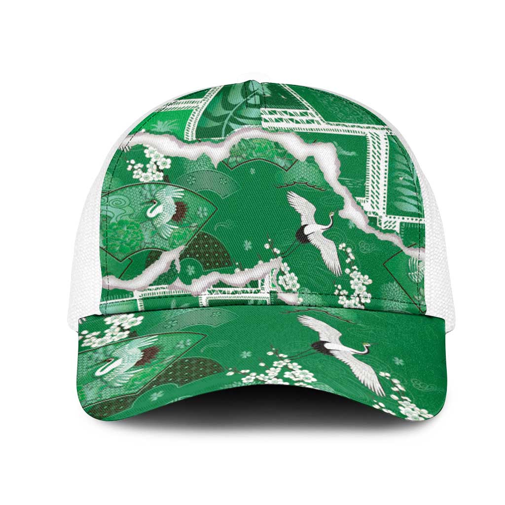 Hawaii Japanese Culture Green Mesh Trucker Cap Spring Cranes Aloha Pattern