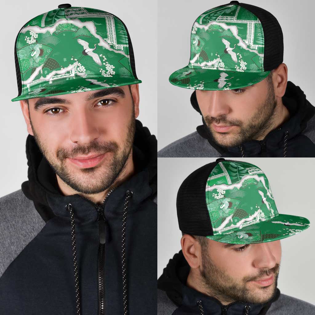 Hawaii Japanese Culture Green Mesh Trucker Cap Spring Cranes Aloha Pattern