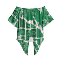 Hawaii Japanese Culture Green Off Shoulder Wrap Waist Top Spring Cranes Aloha Pattern LT01 Green - Polynesian Pride