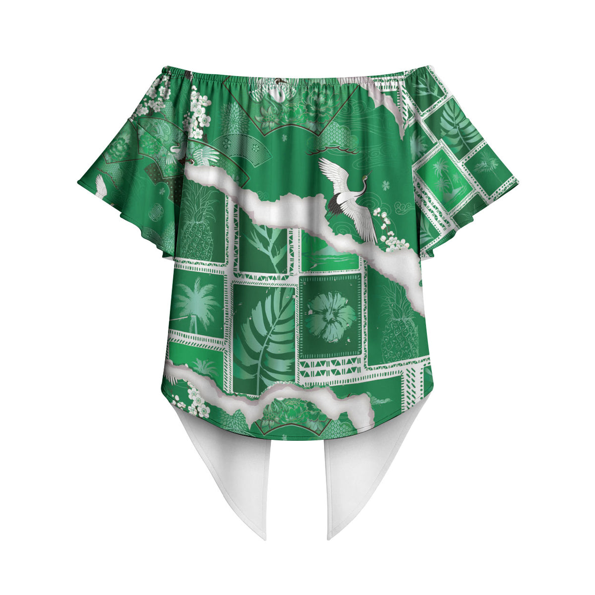 Hawaii Japanese Culture Green Off Shoulder Wrap Waist Top Spring Cranes Aloha Pattern LT01 - Polynesian Pride