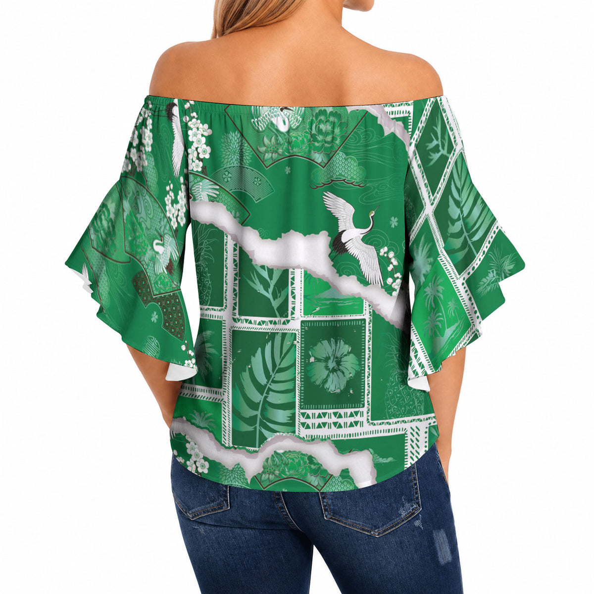 Hawaii Japanese Culture Green Off Shoulder Wrap Waist Top Spring Cranes Aloha Pattern LT01 - Polynesian Pride