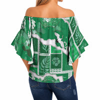 Hawaii Japanese Culture Green Off Shoulder Wrap Waist Top Spring Cranes Aloha Pattern LT01 - Polynesian Pride