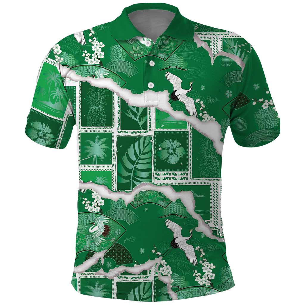 Hawaii Japanese Culture Green Polo Shirt Spring Cranes Aloha Pattern LT01 Green - Polynesian Pride