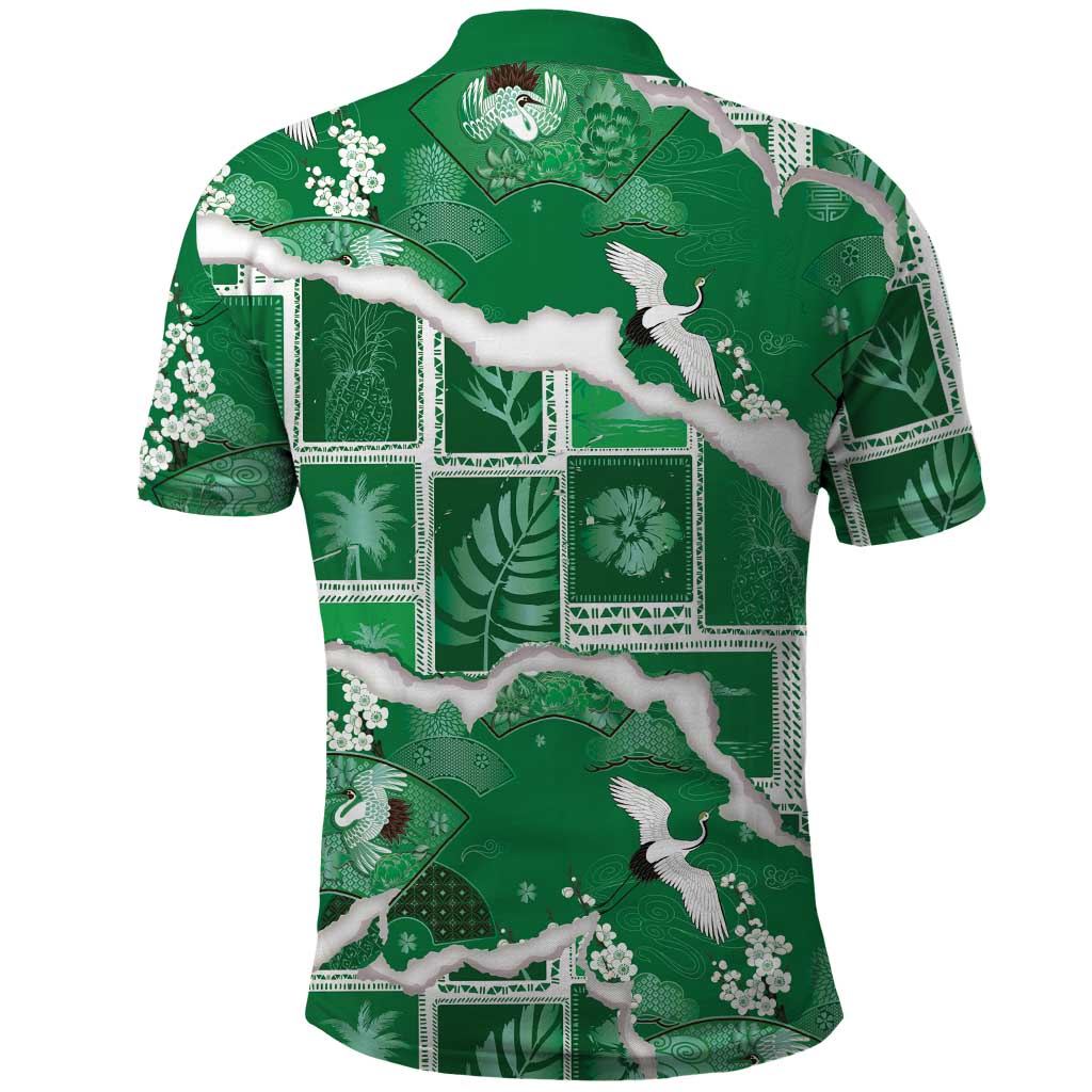 Hawaii Japanese Culture Green Polo Shirt Spring Cranes Aloha Pattern LT01 - Polynesian Pride