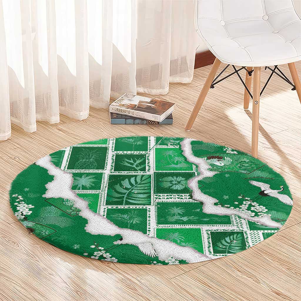 Hawaii Japanese Culture Green Round Carpet Spring Cranes Aloha Pattern