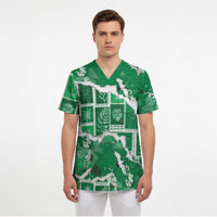 Hawaii Japanese Culture Green Scrub Top Spring Cranes Aloha Pattern