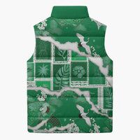 Hawaii Japanese Culture Green Sleeveless Puffer Jacket Spring Cranes Aloha Pattern