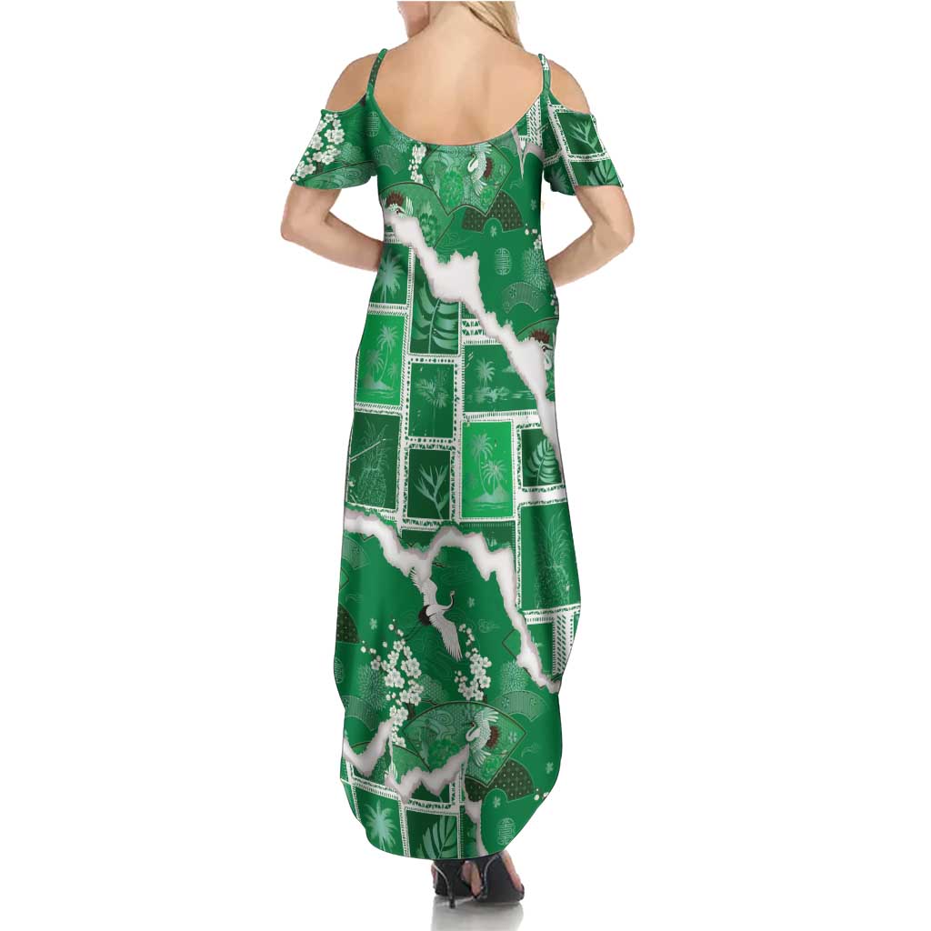 Hawaii Japanese Culture Green Summer Maxi Dress Spring Cranes Aloha Pattern