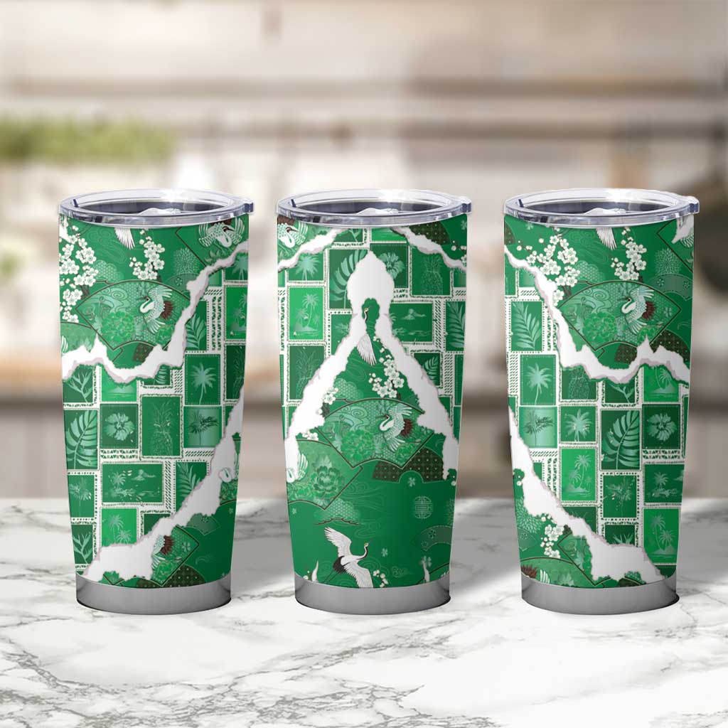 Hawaii Japanese Culture Green Tumbler Cup Spring Cranes Aloha Pattern LT01 - Polynesian Pride