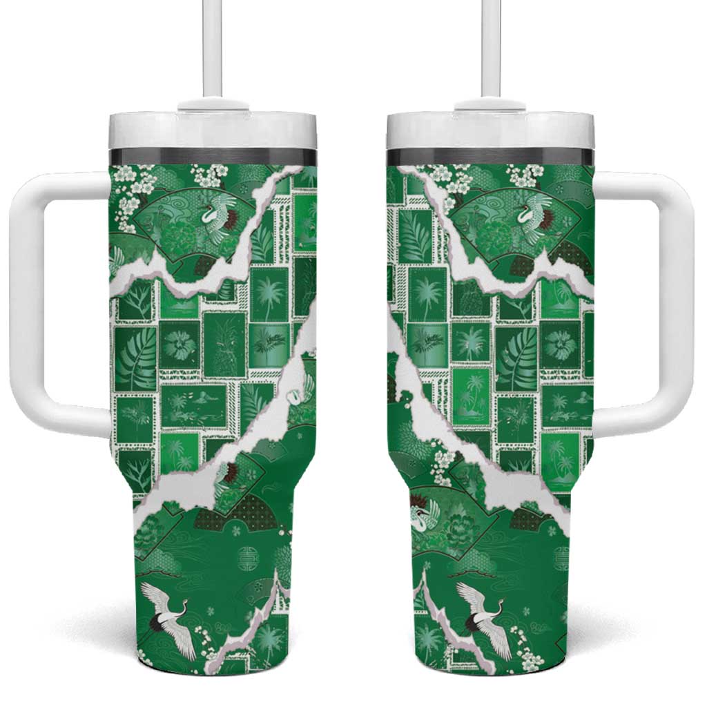 Hawaii Japanese Culture Green Tumbler With Handle Spring Cranes Aloha Pattern