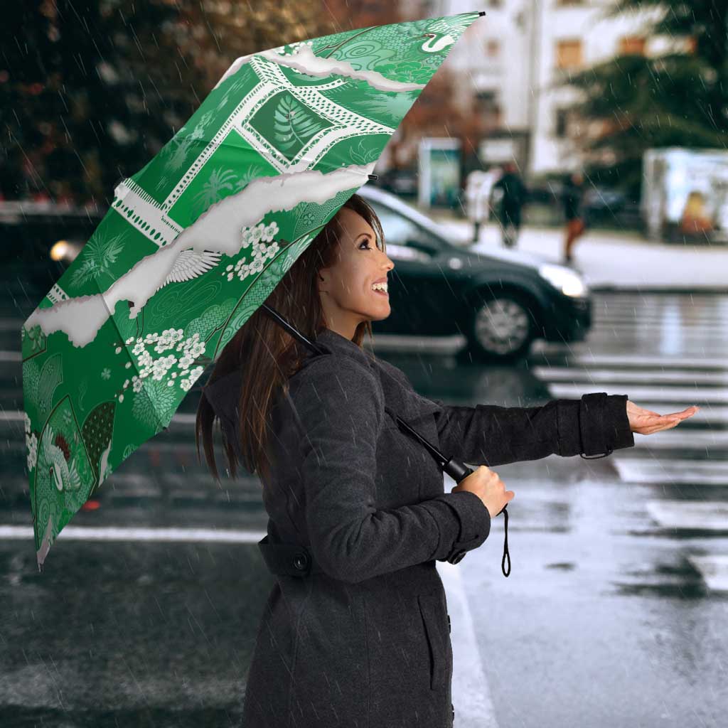 Hawaii Japanese Culture Green Umbrella Spring Cranes Aloha Pattern